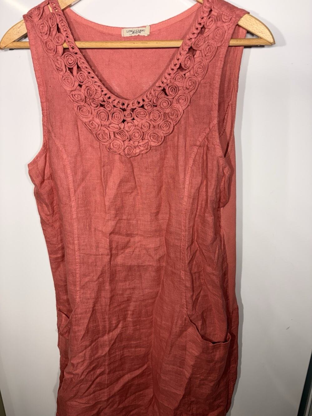 Lungo L’Arno Women's XL Rosey Italy 100% Linen Sleeveless Rose Bud Detail Dress